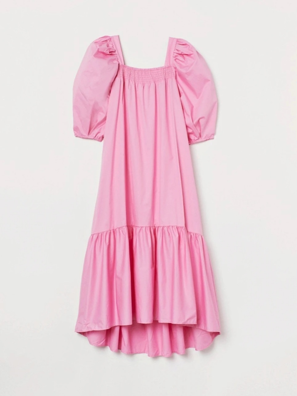 NWT Conscious Collection H&M Smocked Puff-Sleeve Hi-Low Maxi Dress Pink S